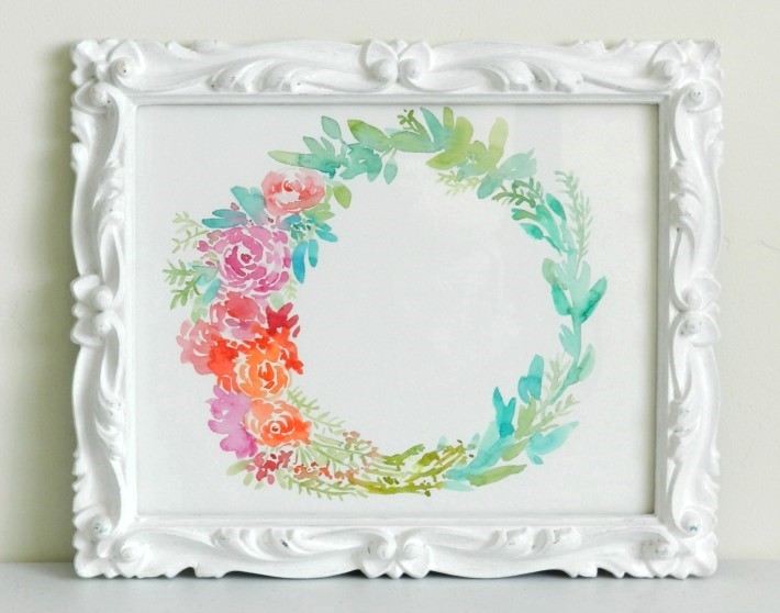 Abstract Floral Watercolor Wreath Painting in Ornate White Frame