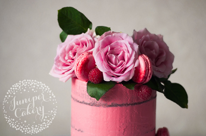 Pink Cake with Fresh Fruit, Roses and Macarons