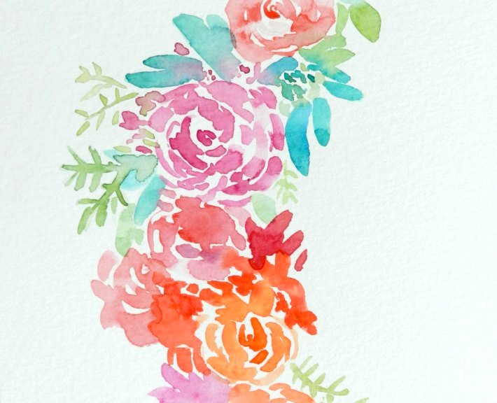 Here's an up-close view of a watercolor wreath painting. You can see how the flowers and stems blend together slightly.