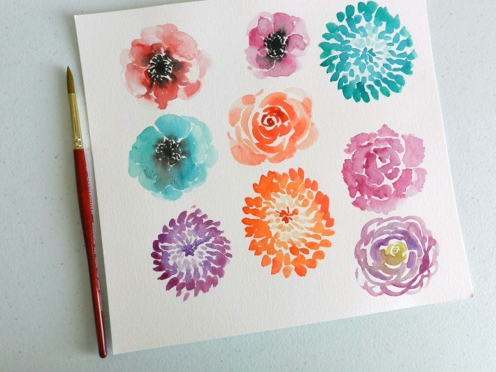 Visual library of different types of watercolor flowers