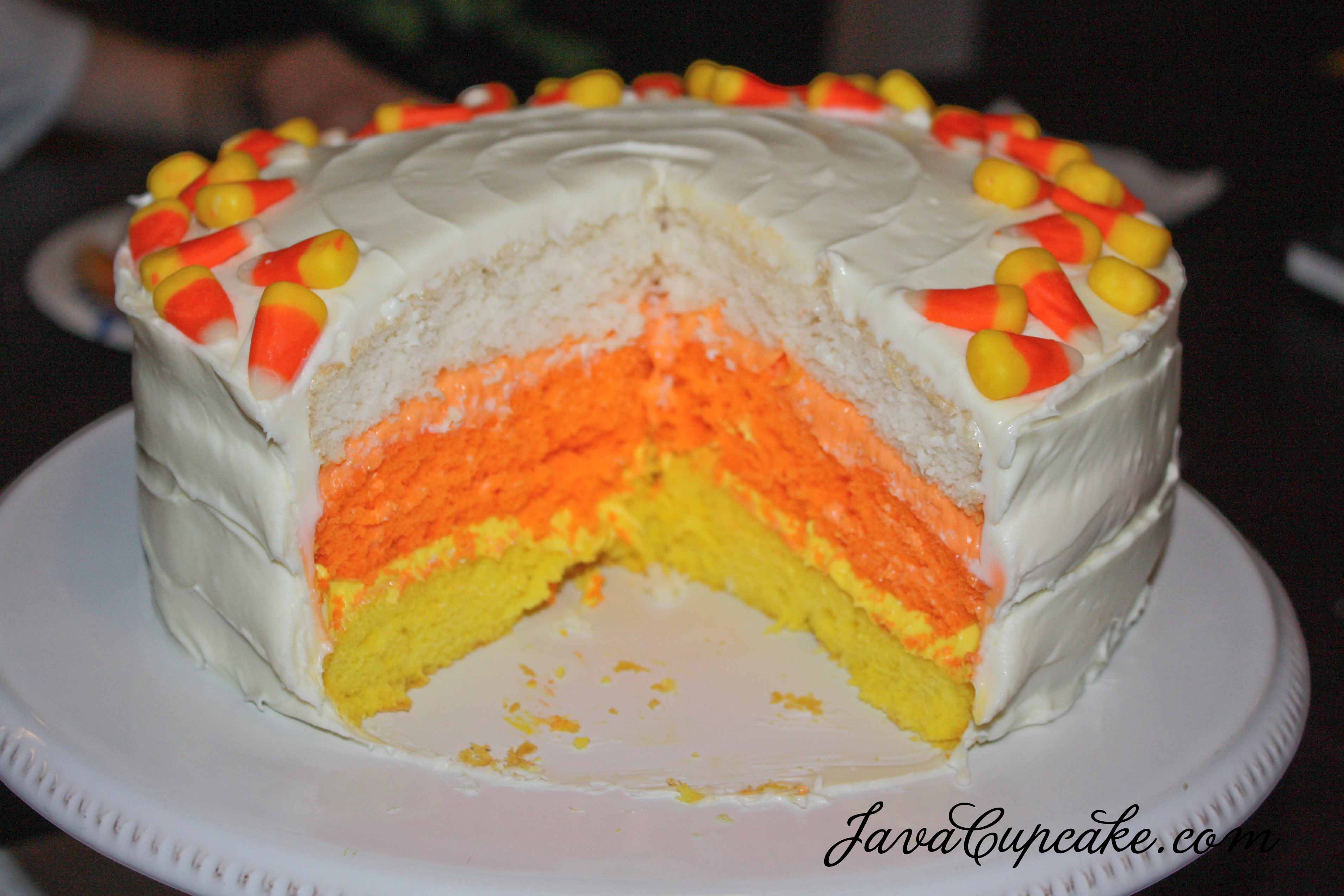 Candy Corn Cake With Colored Layers and Candy Corn Topping
