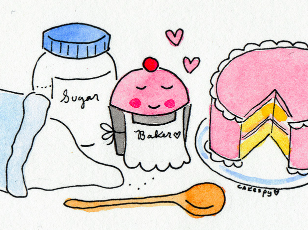 Cartoon of Cake, Cupcakes and Bag of Sugar