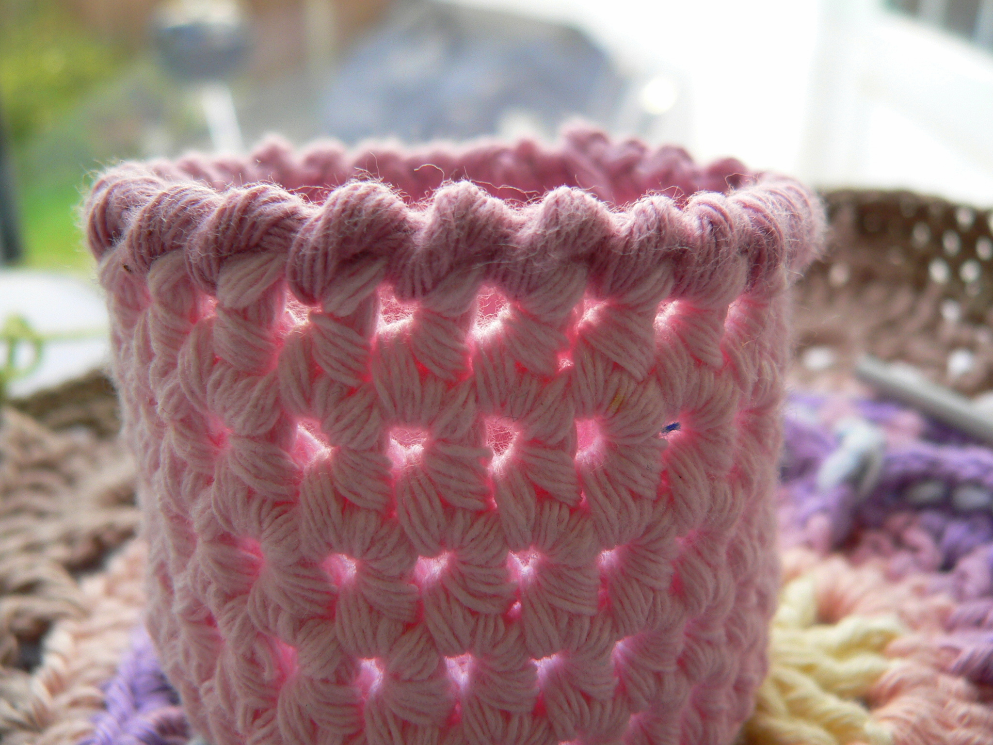 Pink Crochet Basket with a Crab Stitch Edge