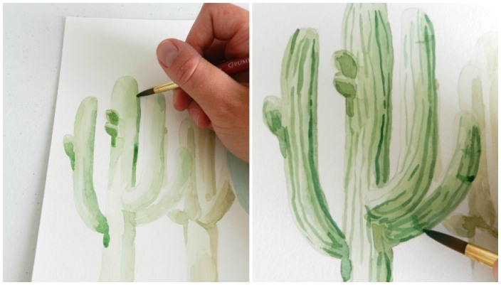 Use a small brush to add fine details in your watercolor cactus painting