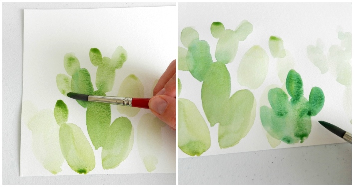Paint prickly pear cactuses by layering green watercolor ovals.