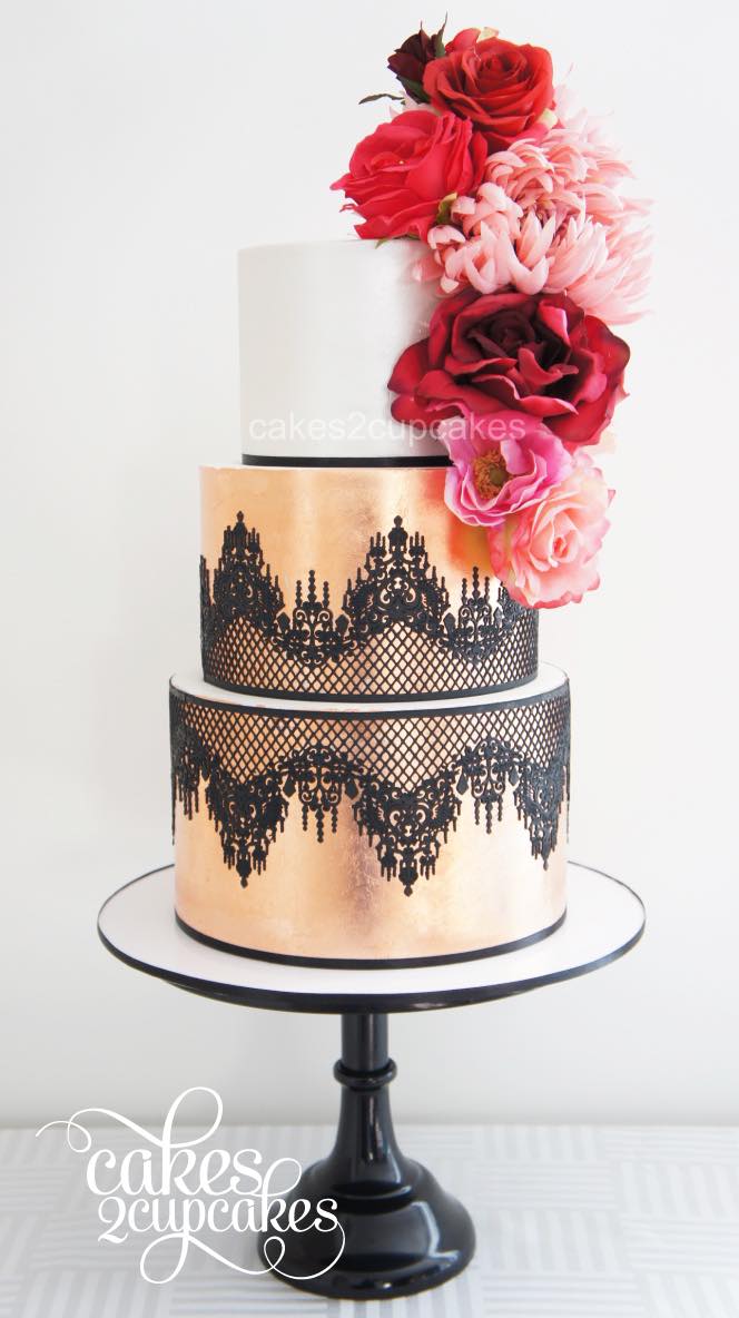 Rose gold and black lace cake by Cakes2Cupcakes