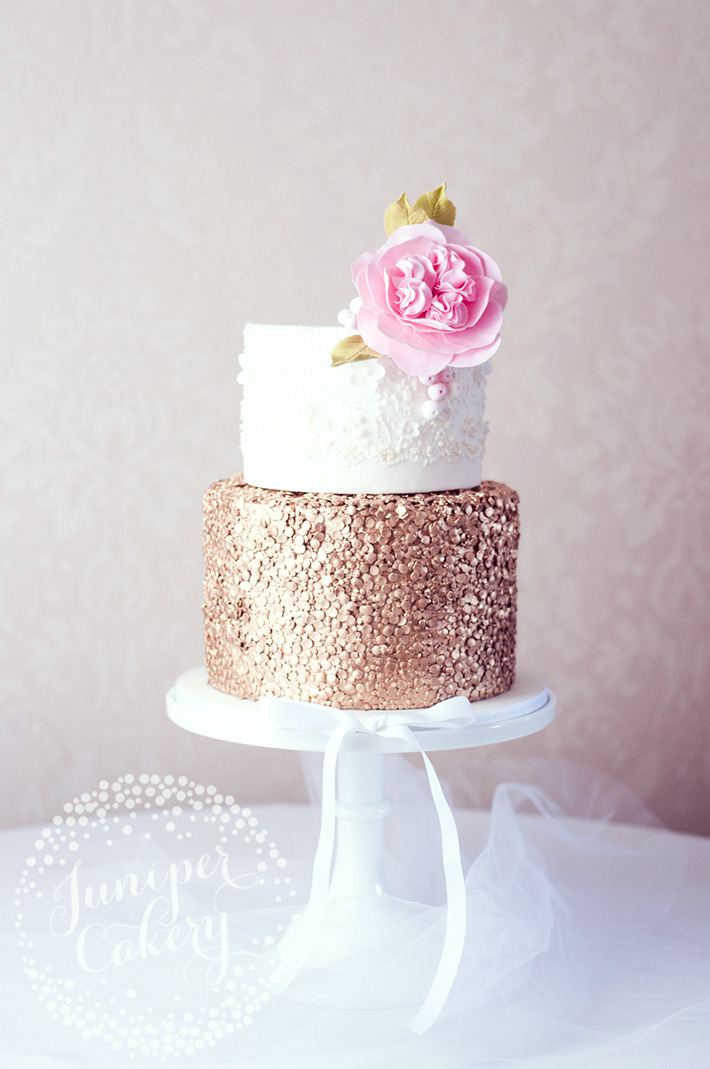 Rose gold sequin wedding cake by Juniper Cakery