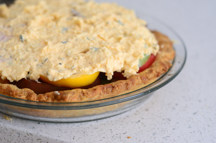 Rainbow Tomato Pie Cheesy Topping, Unbaked