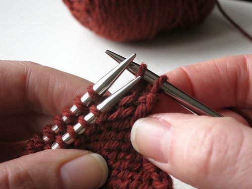Two Stitches on the Right Needle for a Three-Needle Bind-Off