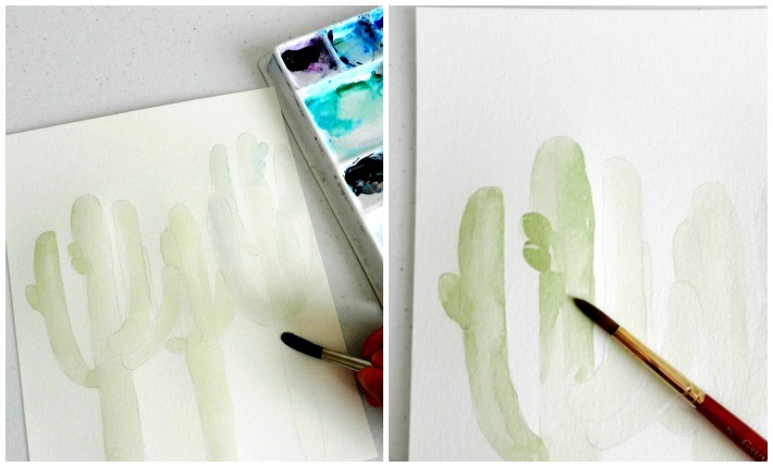 Paint a watercolor cactus in varying shades and layers of green paint