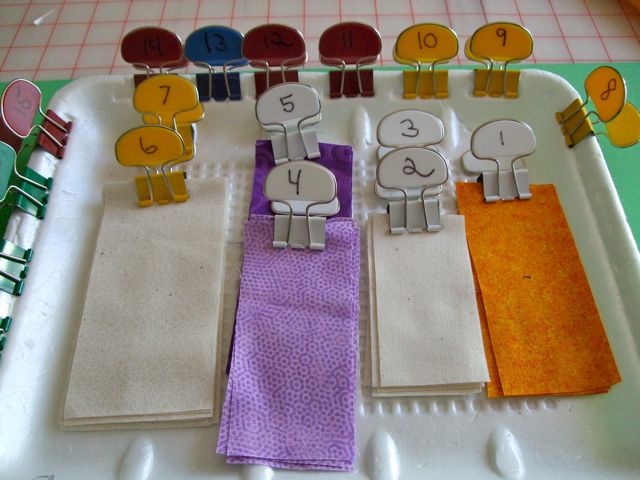 Carol Doak's cut fabrics with labeled binder tags