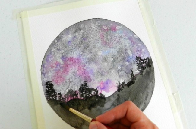 Painting the Foreground in Front of a Watercolor Night Sky