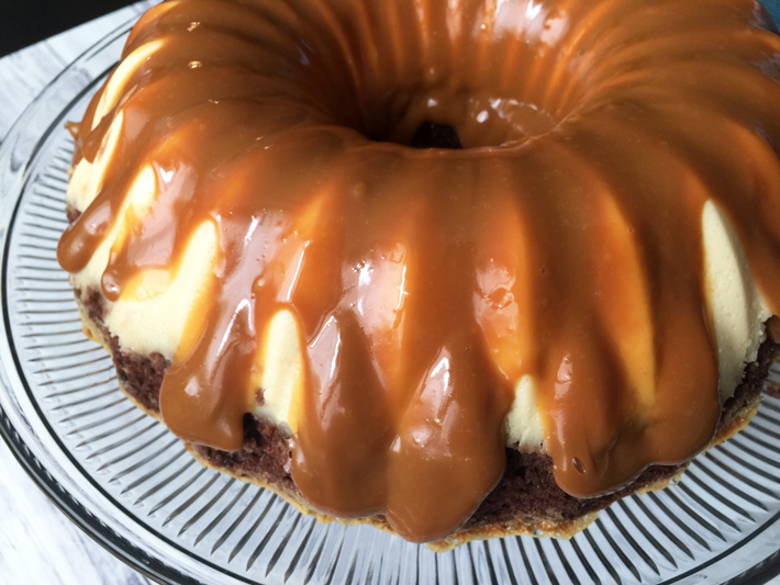 Creamy, decadent chocoflan cake with dulce de lech