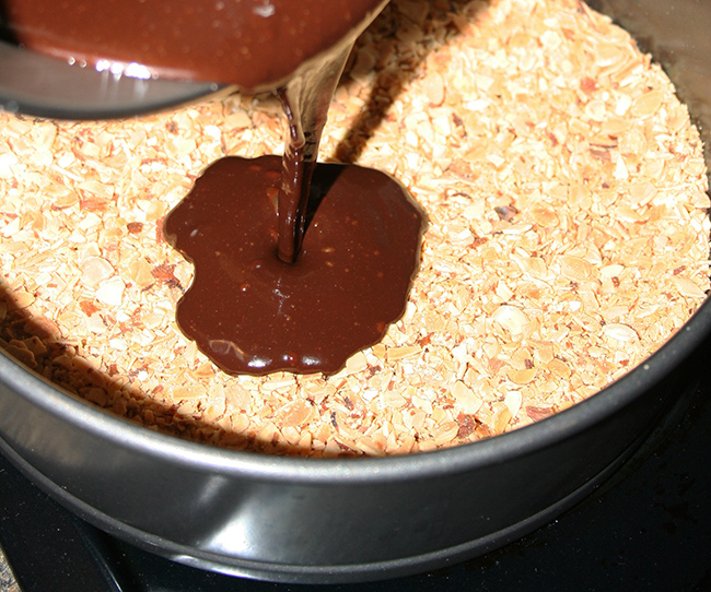 Pour the chocolate ganache into the almond shell