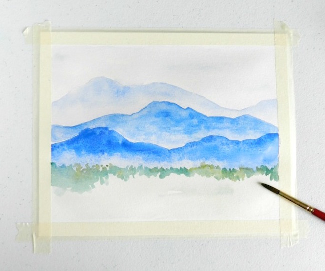 Add grass, trees and foliage to the front of the mountain painting