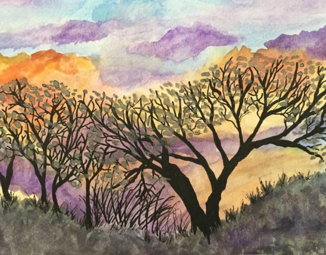 Fall Sunset Watercolor Painting