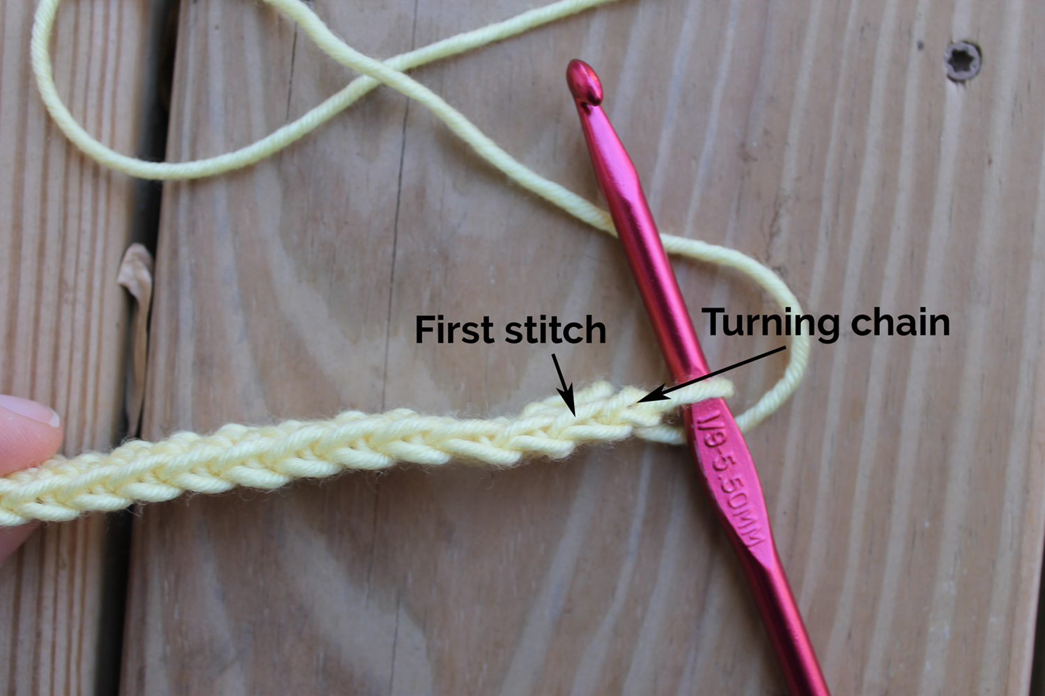 Top of a crochet row with turning chain
