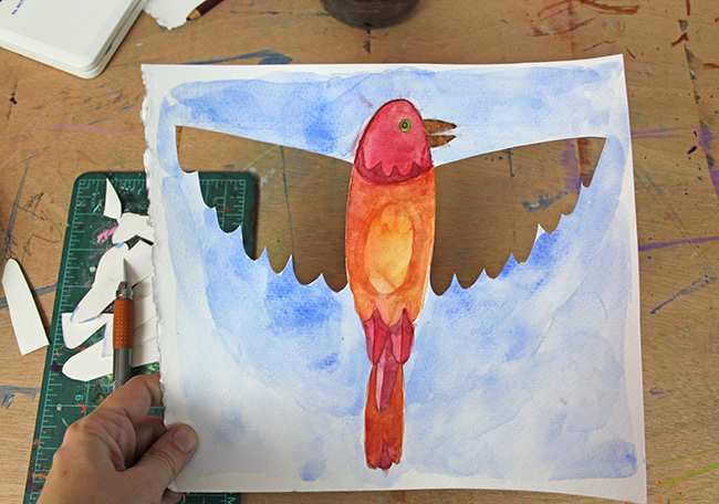 watercolor bird painting with the wings cut out