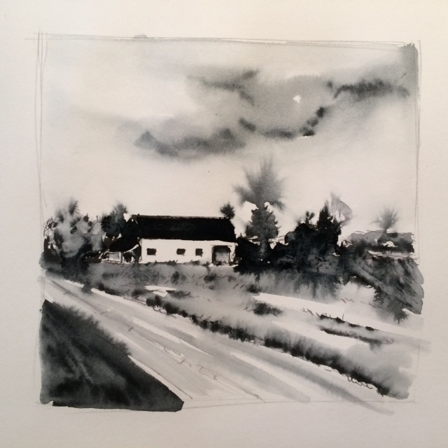 A scene that caught my eye while on a drive. Pentel Brush Pen and a waterbrush while the ink was still fresh and wet.