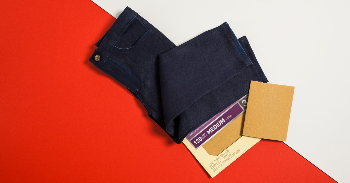 #CraftSavvy Tip No. 1: Tip No. 1: Give your freshly hemmed jeans a worn appearance by rubbing 120-grit sandpaper along the right-side hem.