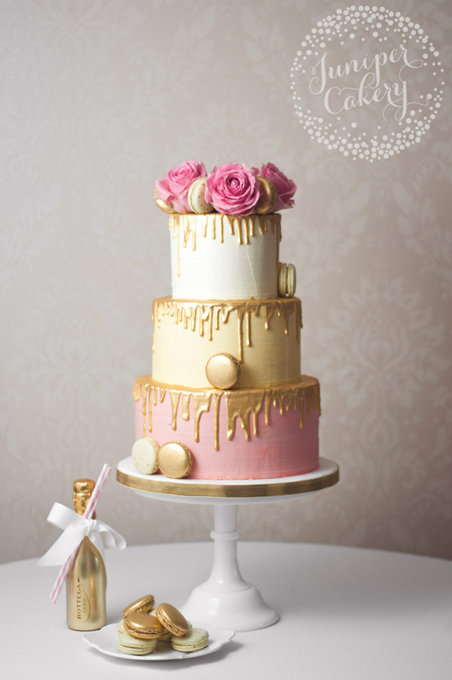 Gold drip pink wedding cake by Juniper Cakery