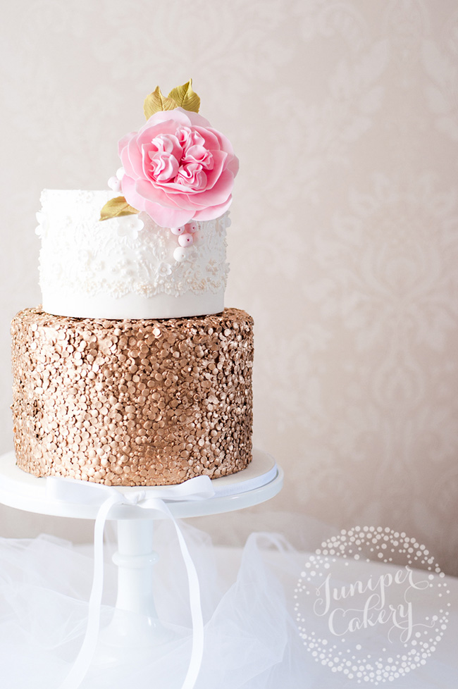 Gold sequin wedding cake by Juniper Cakery