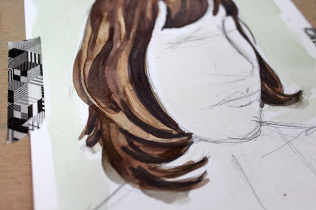 Finished painting of watercolor hair, detail shot