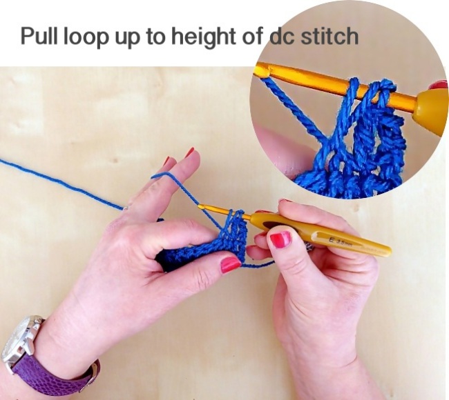 Crochet puff stitch tutorial pull up the loop to dc stitch height