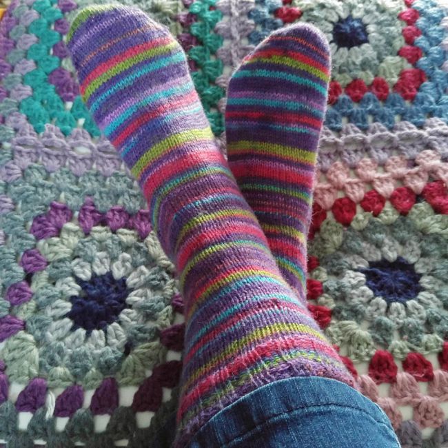 First pair of socks finished learning to knit as a crocheter