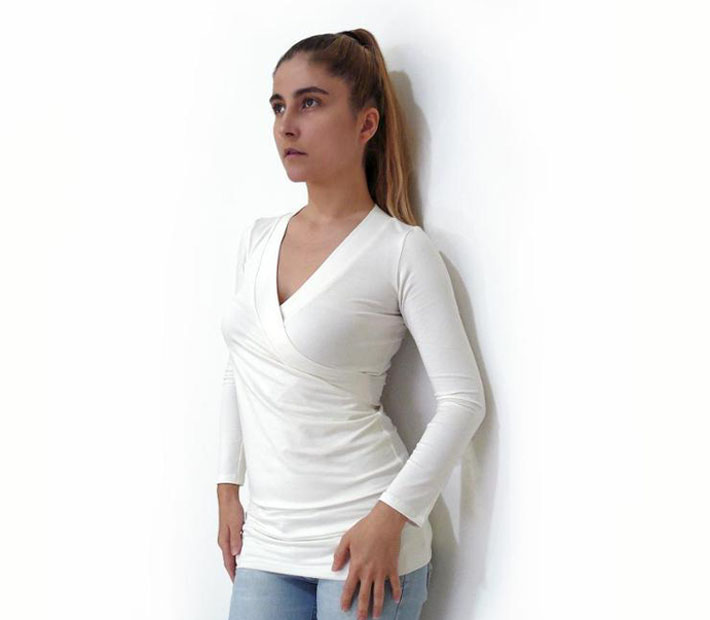 jersey knit top with wrap and v-neckline