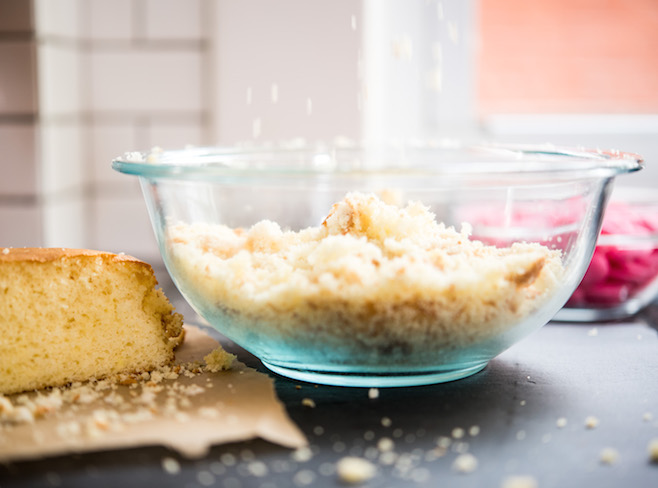 Crumbled cake in a bowl