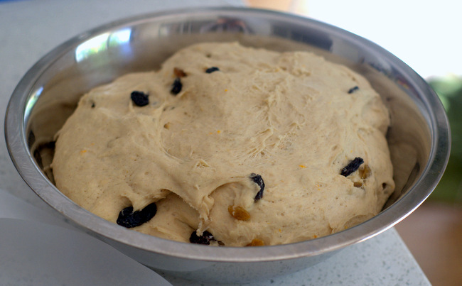 Risen dough for No Knead Hot Cross Buns