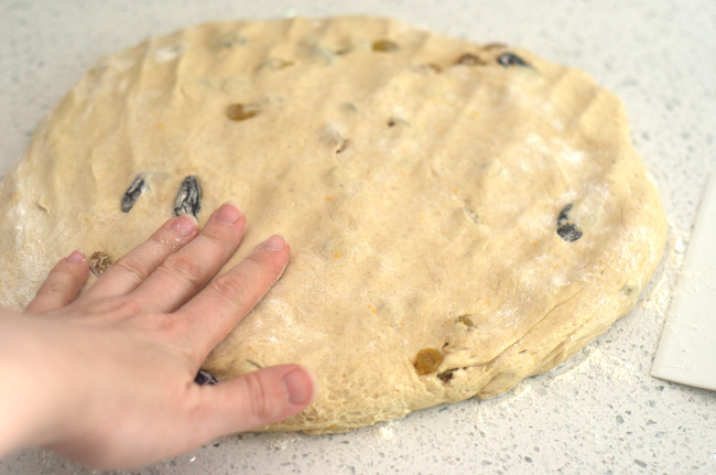 Flattening dough for No Knead Hot Cross Buns
