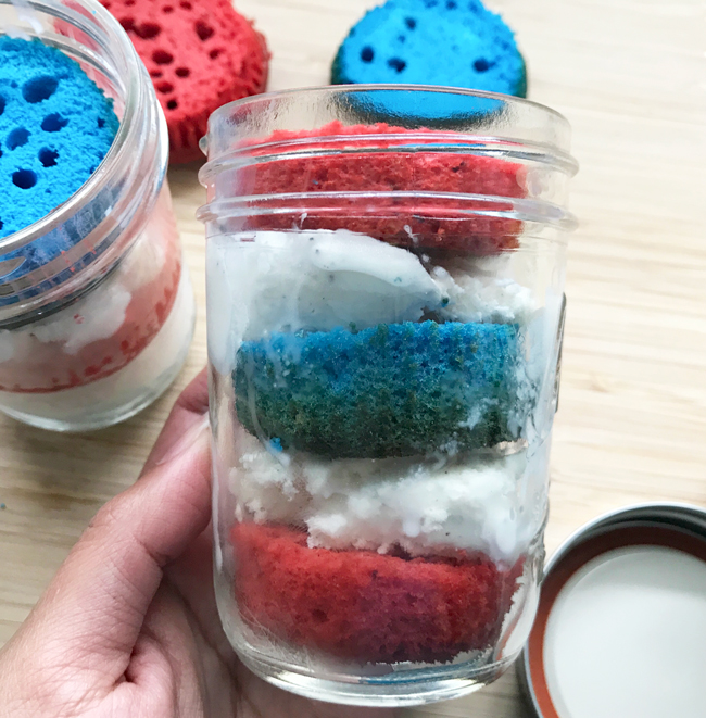Red white and blue layer cake in a jar