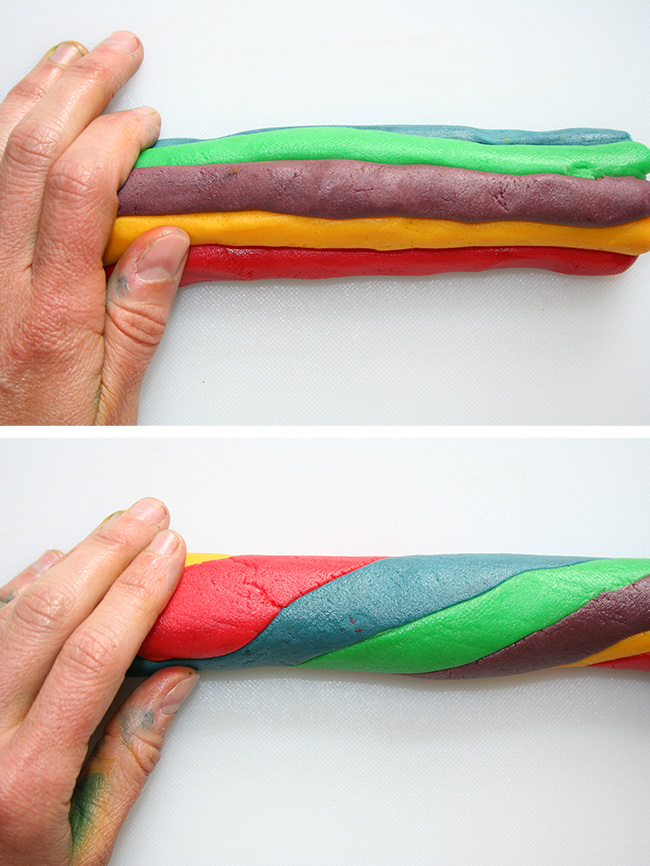 Roll the rainbow logs of dough together