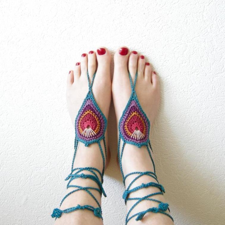 peacock crochet barefoot sandals