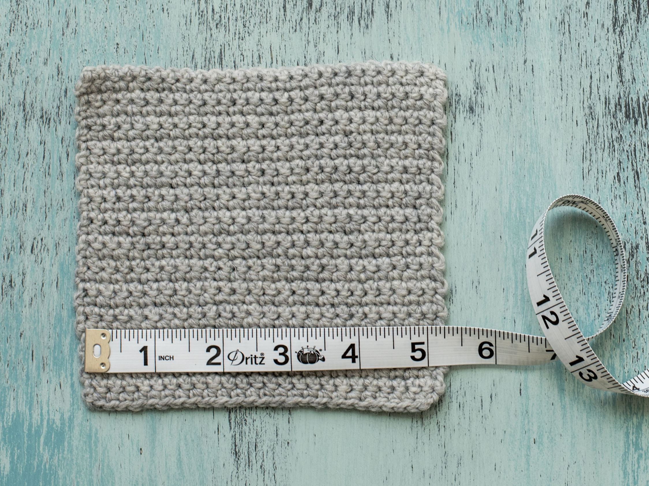 Measuring a Gray Crochet Swatch