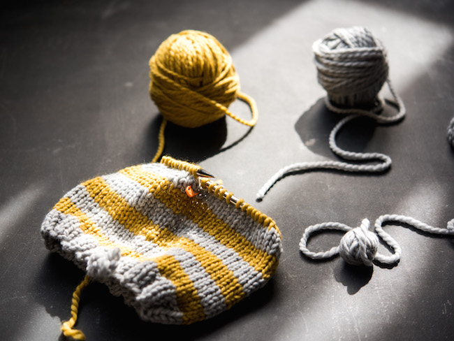 Half-Knit Yellow and Gray Striped Hat