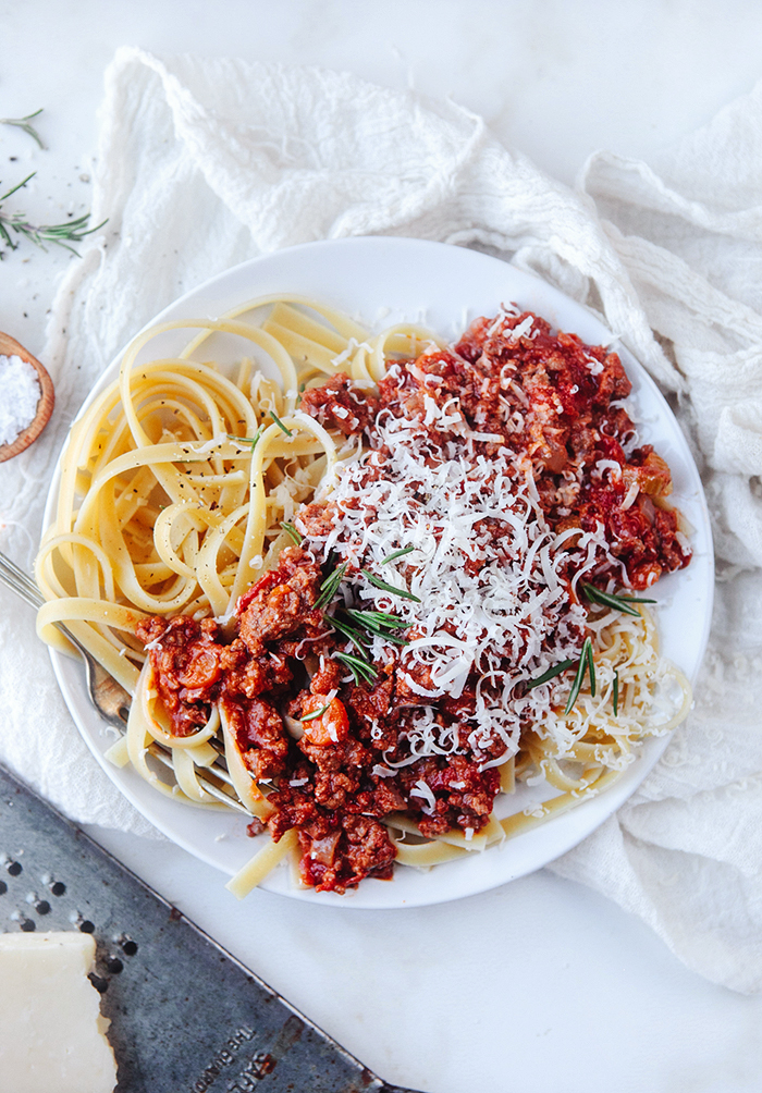 Bolognese with cheese garnish