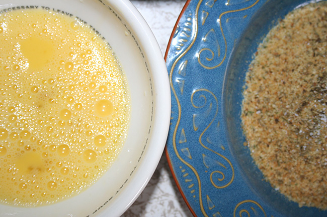 Egg wash and bread crumbs