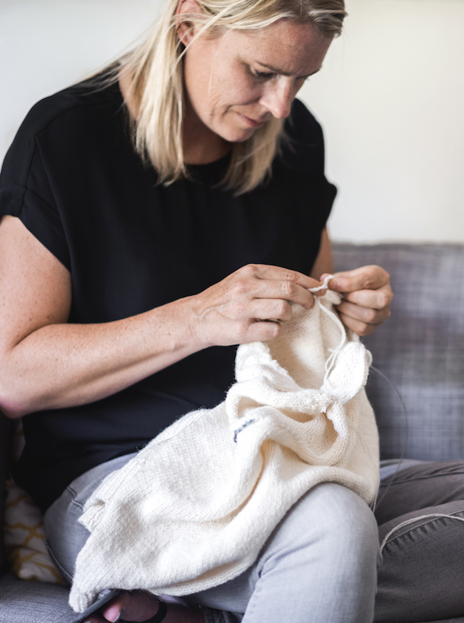 Kamie knitting with white yarn