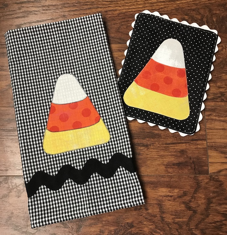 Candy Corn Applique mug rug and tea towel