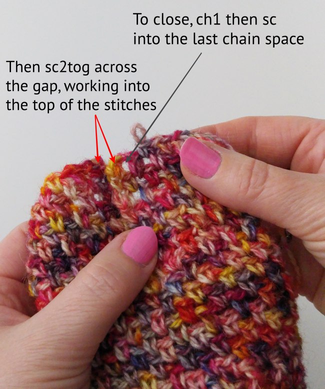 How to crochet a fingerless mitt rejoining to finish thumb with text