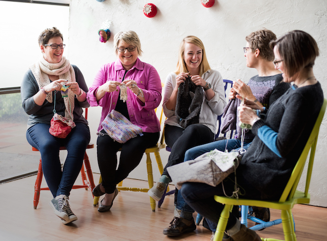 Group of Knitters Working on Projects