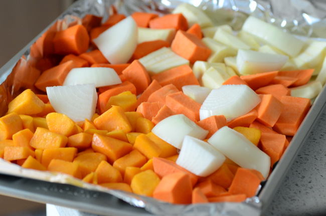 Roasted Fall Vegetable Soup Recipe Vegetables on Baking Sheet