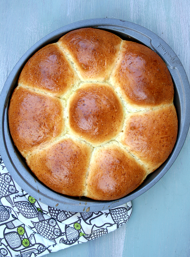 Baked milk bread rolls in pan