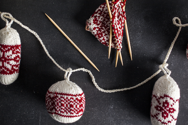 Red and White Knit ornaments with one in progress