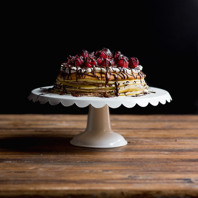 Crepe Cake on White Cake Stand