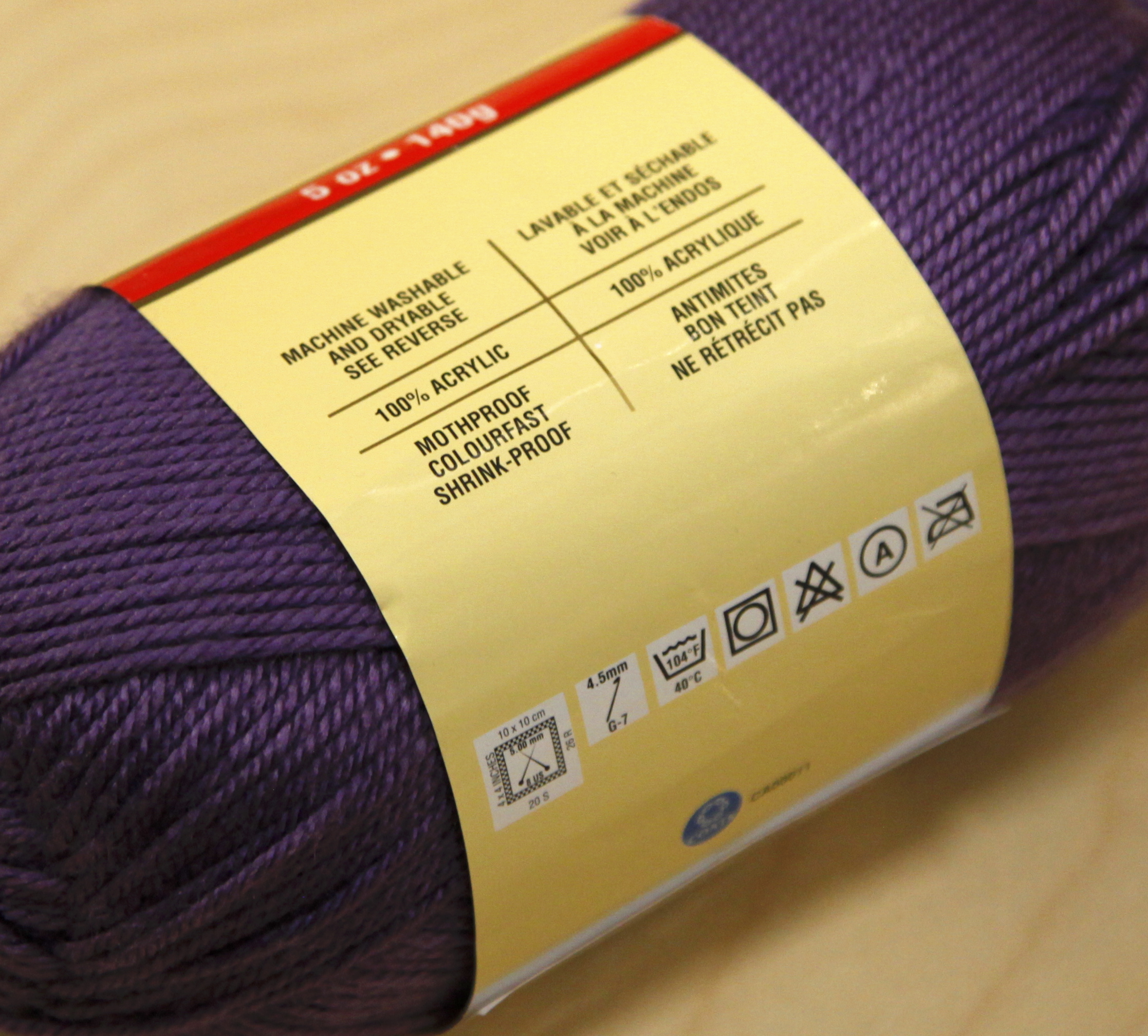 Yarn label on purple yarn