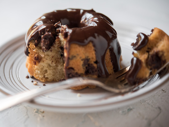 Photo of mini chocolate chip bunt cake with bite taken out and left on fork